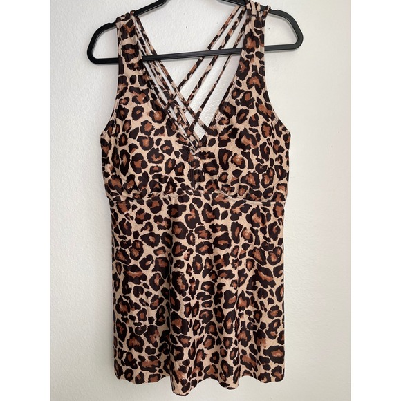 Aqua Eve Other - Aqua Eve Leopard Print Strappy Back Swim Dress Tankini Top Brown Tan 20W
